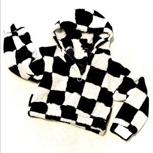 Forever 21 Hooded Faux Fur Checkered Jacket
